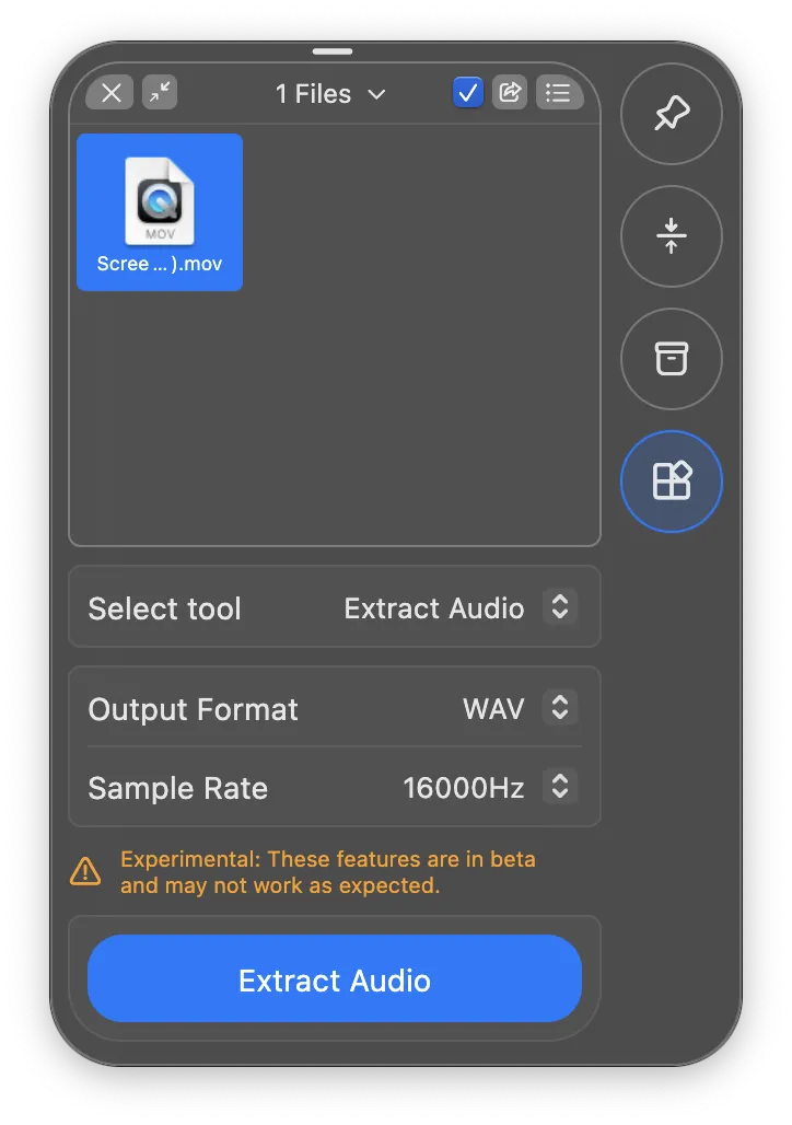 Audio extraction feature interface showing sample rate and output format options